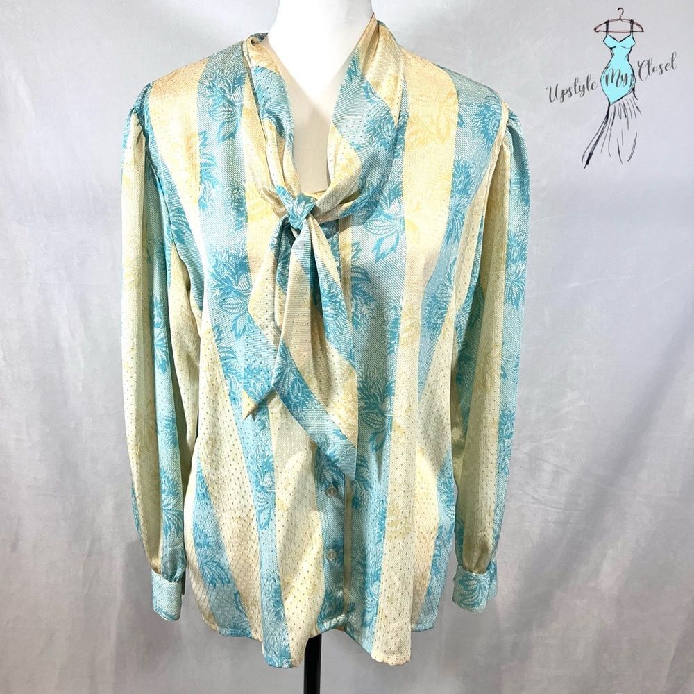 Tanjay vintage yellow and aqua textured secretary tie neck top size 14